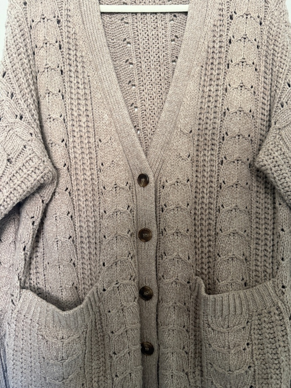 L'Academie Taupe Cable-Knit Open Cardigan with Pockets